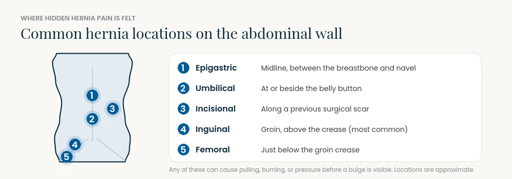 Diagram showing five common hernia locations on the abdominal wall